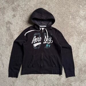 BLACK AEROPOSTALE Y2K PATCHWORK ZIP UP HOODIE